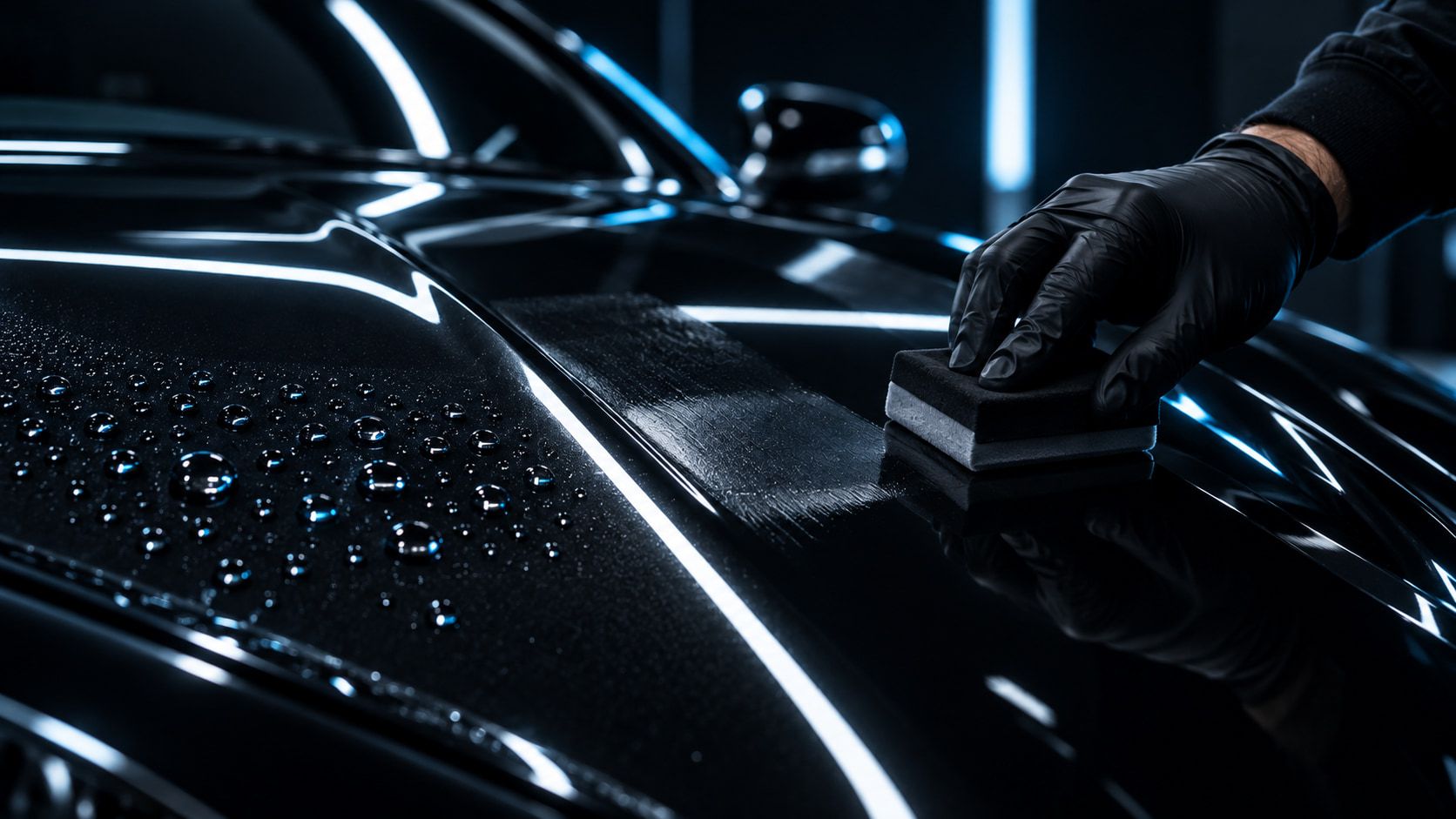 Gloved hand applying ceramic coating to a dark bonnet beside beading water