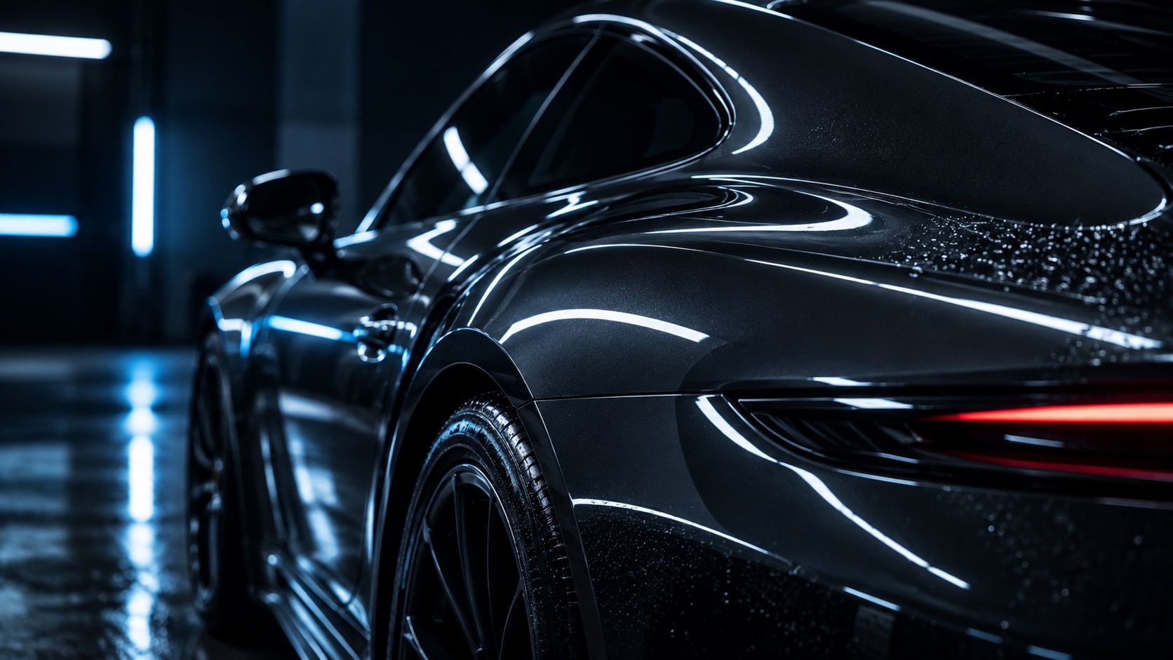 Finished dark car bodywork with sharp studio reflections along the rear wing