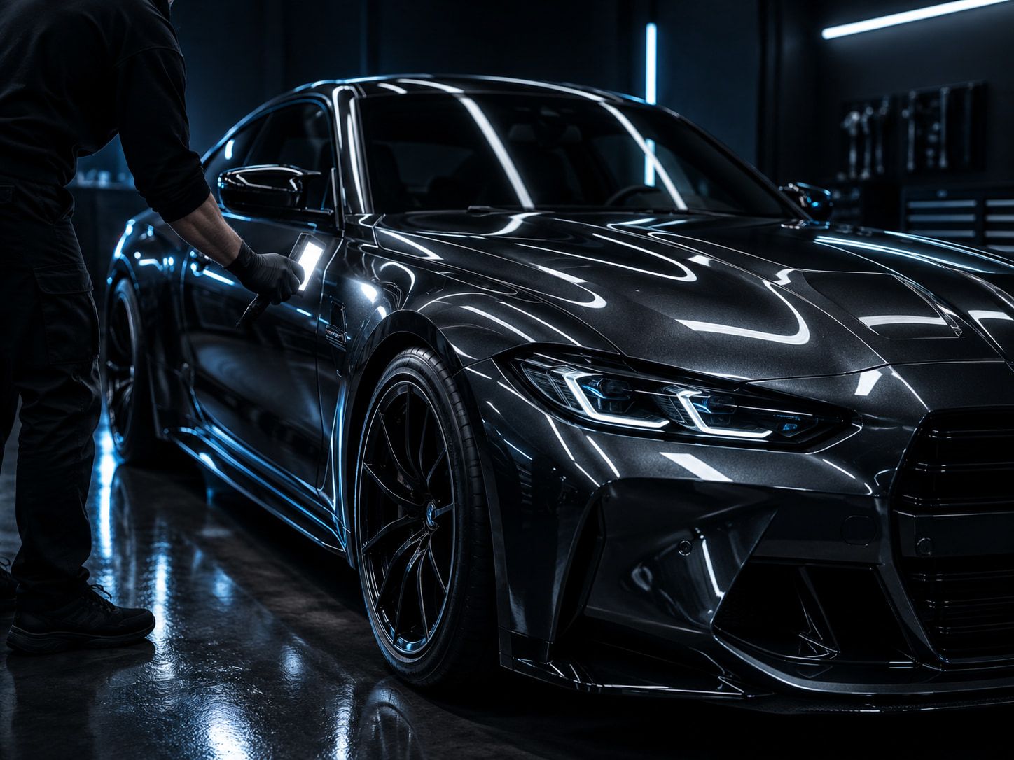Detailer inspecting the paintwork of a dark graphite performance car with a hand-held light under studio lighting